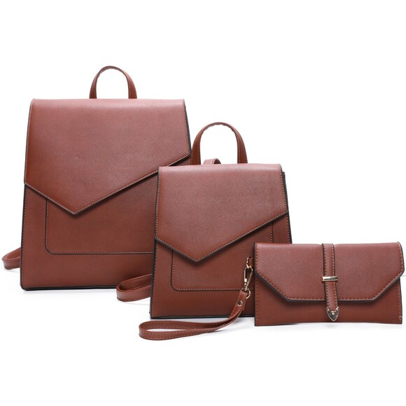 Unbranded Handbags - Brown Triangle Flap 3 IN 1 Fashion Modern Stylish Handbag Set